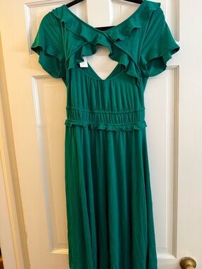 Maeve Teal Green Ruffled V-Neck Maxi Dress